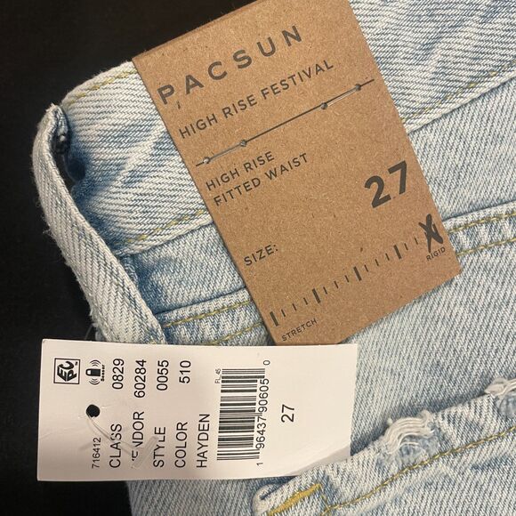 ~ NEW PacSun 27 Denim Festival Shorts Boho Acid Wash Rip Button High Waist Blue - Picture 2 of 14